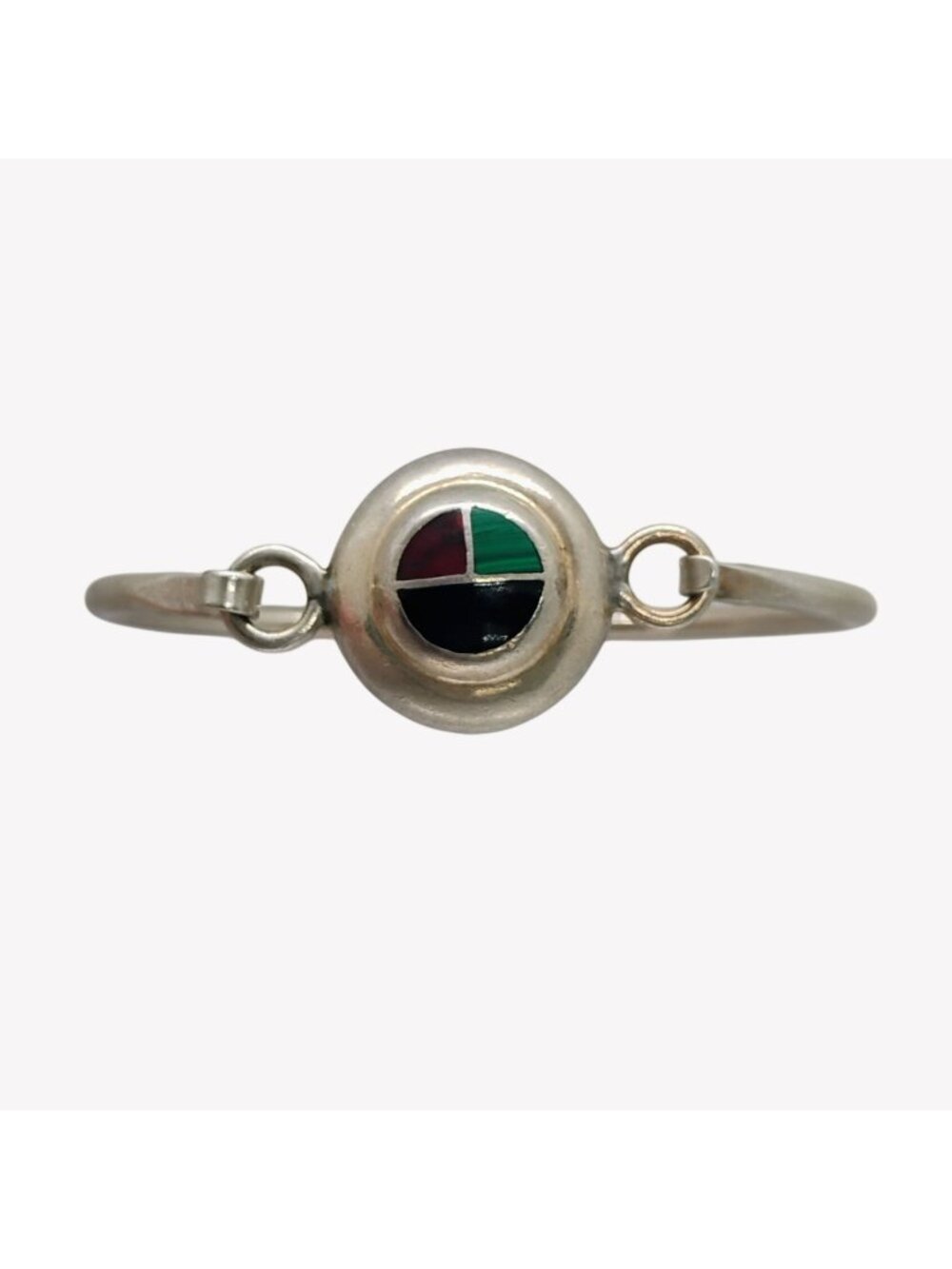 Sterling Silver Onyx Malachite Jasper Inlay Art Deco Cuff Mexico 925 Hook-on Siz